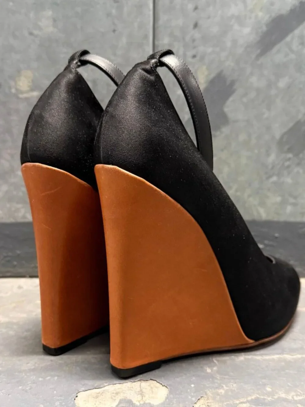 CELINE PHOEBE PHILO ERA BLACK SATIN WEDGE ANKLE STRAP SHOES